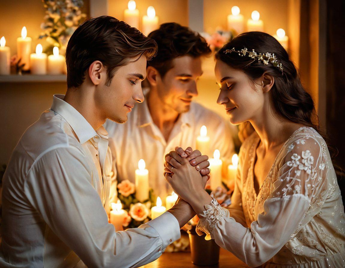 A warm, inviting scene of a couple holding hands, surrounded by soft candlelight and a cozy atmosphere. Delicate flowers and heart-shaped motifs subtly integrated in the background, symbolizing love and intimacy. The couple's expressions convey deep connection and understanding, emphasizing emotional closeness. The setting conveys a sense of serenity and romance. soft focus. warm tones. painting.